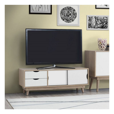 Alford Scandinavian TV Unit Stand 120cm Media Cabinet + Drawers Oak White