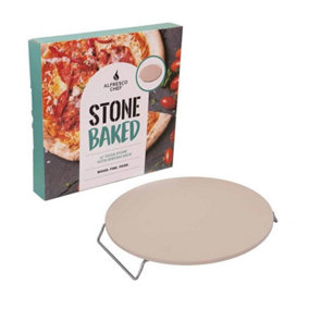 Alfresco Chef 13" Stone Baked Ceramic Pizza & Bread Stone with Serving Board & Chrome Stand for Oven