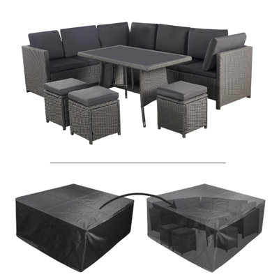 Algarve Outdoor Garden Furniture Set - 9 Seater Sofa & Table Set with Cushions - Black