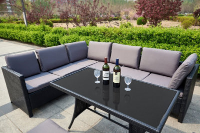 Algarve Outdoor Garden Furniture Set - 9 Seater Sofa & Table Set with Cushions - Black