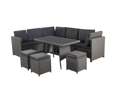 Algarve Outdoor Rattan Garden Furniture Set, 9 Seater Sofa Set & a Table , Patio Conversation Set w/ Cushions, Grey Finish