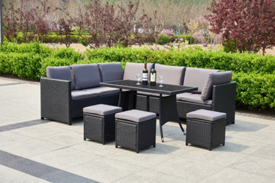 Algarve Outdoor Rattan Garden Furniture Set, 9 Seater Sofa & Table Set, Patio Conversation Set with Cushions, Black Finish