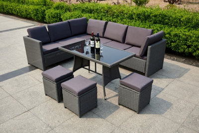 Algarve Outdoor Rattan Garden Furniture Set, 9 Seater Sofa & Table Set, Patio Conversation Set with Cushions, Grey Finish