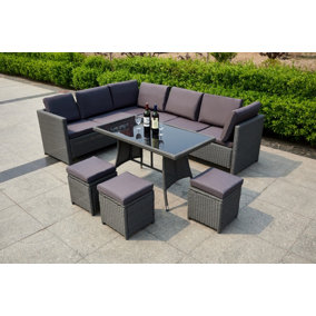 Algarve Outdoor Rattan Garden Furniture Set, 9 Seater Sofa & Table Set, Patio Conversation Set with Cushions, Grey Finish