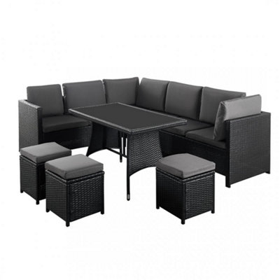 Algarve Rattan Outdoor Furniture, 9 Seater Sofa & Table Set, 6 Pieces, Black Finish