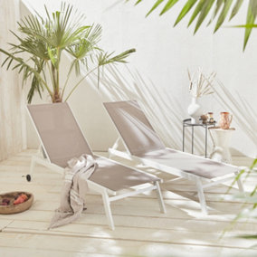 Alice's Garden Set of 2 ELSA sun loungers in white aluminium and taupe textilene adjustable loungers with wheels