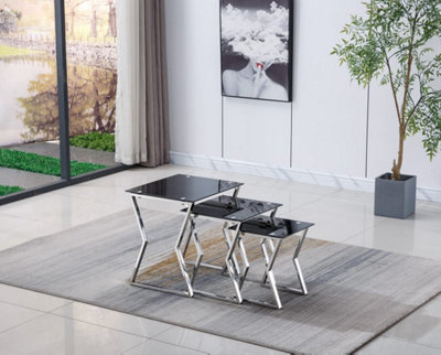 Alicia Glass Nest of Tables 3 Black Modern