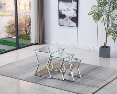 Alicia Glass Nest of Tables 3 Clear Black Modern