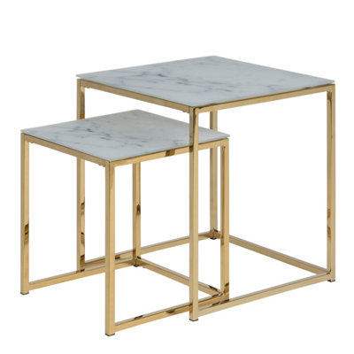 Alisma Nest of Tables with White Crystal Clear Marble Glass Top & Gold Legs
