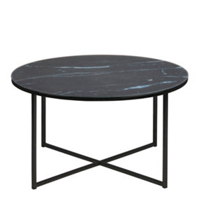 Alisma Round Coffee Table with Black Marble Effect Glass Top & Black Legs