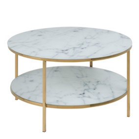 Alisma Round Coffee Table with Marble Effect Glass Top & Gold Legs