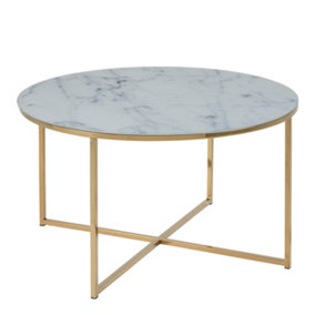 Alisma Round Coffee Table with White Marble Effect Glass Top & Gold Legs