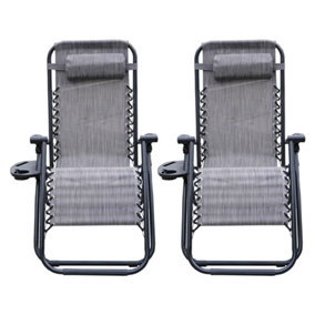 Alivio 2x Zero Gravity Chairs, Garden Outdoor Patio Sun Loungers Folding Reclining Chairs with Cupholders - Set of 2, Grey