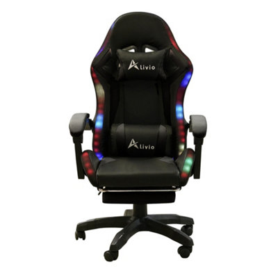 Alivio 360 Degree Swivel LED Gaming Chair with Footrest Lumbar Back Support - Black