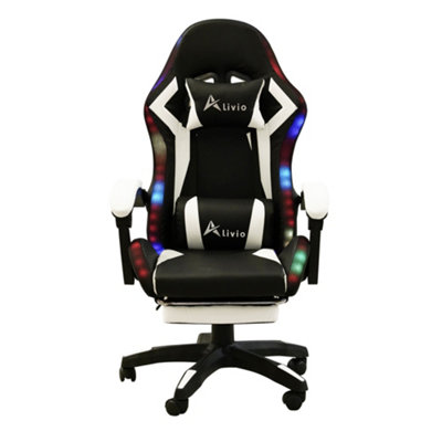 Alivio 360 Degree Swivel LED Gaming Chair with Footrest Lumbar Back Support - White