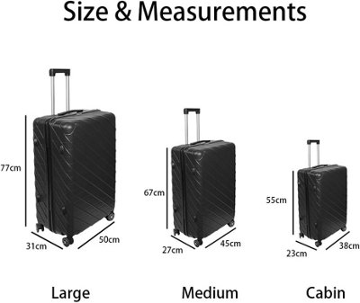 Alivio 3pc Travel Suitcase Set, ABS Hard Shell Luggage, Anti-Scratch & TSA Lock Trolley - Black, Pack of 3pc - 20", 24" & 28"
