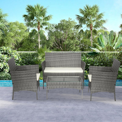 Alivio 4 Seater Rattan Sofa Set, Patio Rattan Furniture Set with Coffee Table, Weather & UV Resistant Cushions for Outdoor - Grey