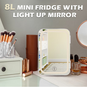Alivio 8L Portable Mini Fridge for Home/Car Makeup, HD Mirror with Warm LED Light, Cosmetic Refrigerator for Indoor/Outdoor