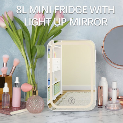 Alivio 8L Portable Mini Fridge for Home/Car Makeup, HD Mirror with Warm LED Light, Cosmetic Refrigerator for Indoor/Outdoor