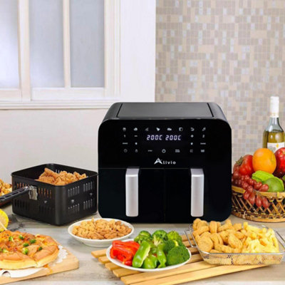 Alivio 9L Dual Basket Air Fryer, Double Basket Air Fryer with Visual Window, Adjustable Temperature, Healthy Cooking Large Basket