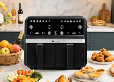 Alivio 9L Dual Basket Air Fryer with LED Touchscreen, 14-in-1 Large Double Drawer Airfryer, Independent Controls (Black)
