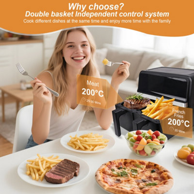 Alivio 9L Dual Basket Air Fryer with LED Touchscreen, 14-in-1 Large Double Drawer Airfryer, Independent Controls (Black)