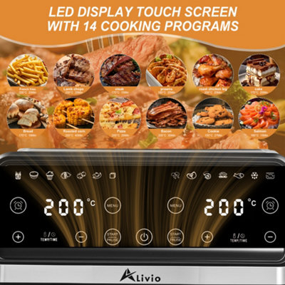 Alivio 9L Dual Basket Air Fryer with LED Touchscreen, 14-in-1 Large Double Drawer Airfryer, Independent Controls (Black)