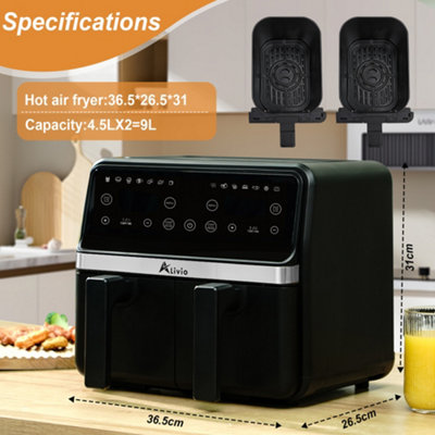 Alivio 9L Dual Basket Air Fryer with LED Touchscreen, 14-in-1 Large Double Drawer Airfryer, Independent Controls (Black)
