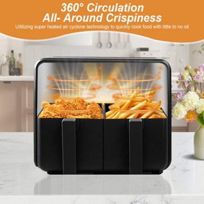 Alivio 9L Dual Basket Air Fryer with LED Touchscreen, 14-in-1 Large Double Drawer Airfryer, Independent Controls (Black)