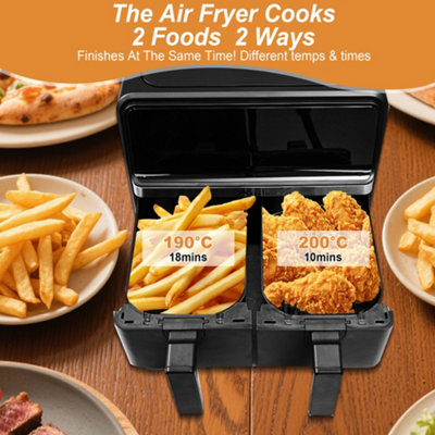 Alivio 9L Dual Basket Air Fryer with LED Touchscreen, 14-in-1 Large Double Drawer Airfryer, Independent Controls (Black)