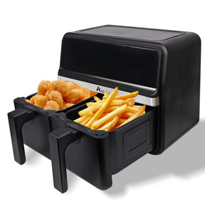 Alivio 9L Dual Basket Air Fryer with LED Touchscreen, 14-in-1 Large Double Drawer Airfryer, Independent Controls (Black)