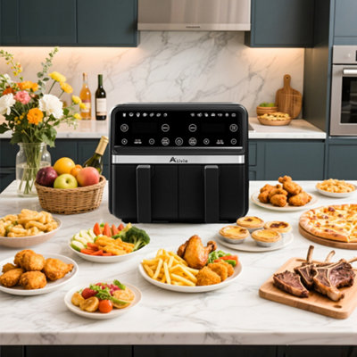 Alivio 9L Dual Basket Air Fryer with LED Touchscreen, 14-in-1 Large Double Drawer Airfryer, Independent Controls (Black)