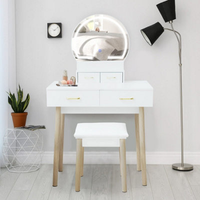 Makeup Vanity Set With Sliding Lighted Mirror & Stool