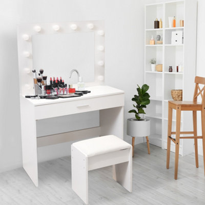 Alivio Dressing Table with Hollywood LED Lights Mirror Vanity Table Set with Drawer and Cushioned Stool Bedroom Makeup Table
