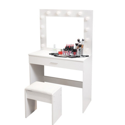 Alivio Dressing Table with Hollywood LED Lights Mirror, Vanity Table Set with Drawer and Cushioned Stool, Bedroom Makeup Table