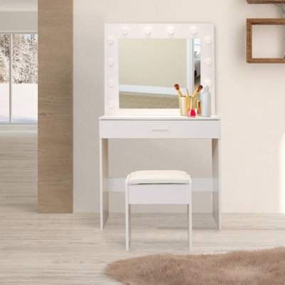 Alivio Dressing Table with Hollywood LED Lights Mirror, Vanity Table Set  with Drawer and Cushioned Stool, Bedroom Makeup Table
