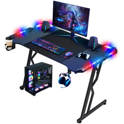 Alivio Ergonomic LED Gaming Desk with Wireless RGB Lighting Cup Holder ...