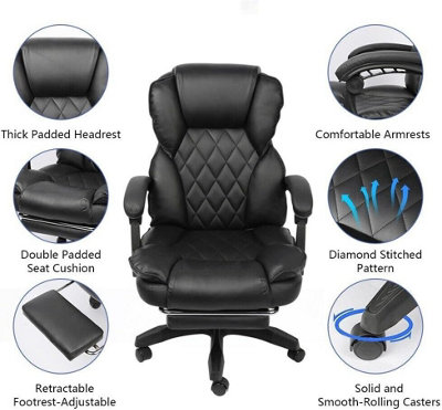 Alivio Ergonomic Office Leatherette Swivel Chair, Double Padded Seat Cushion, Armrest Footrest Backrest - Black