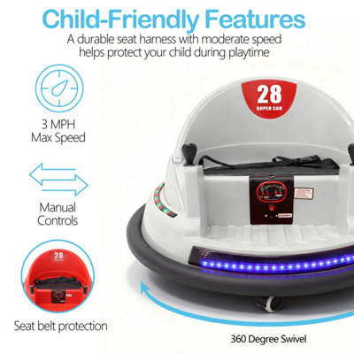 Alivio Remote Control Bumper Car for Kids, 360 Spin Ride-On Toy (White)
