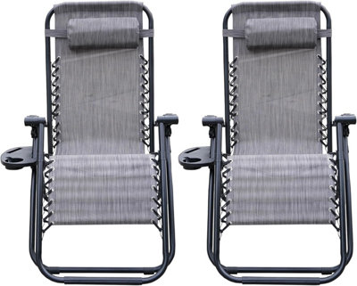 Alivio Set of 2 Zero Gravity Chairs, Garden Outdoor Patio Sun Loungers Folding Reclining Chairs with Bottle & Cupholders - Grey