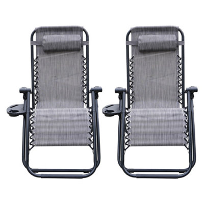 Alivio Set of 2 Zero Gravity Chairs, Garden Outdoor Patio Sun Loungers Folding Reclining Chairs with Cupholders - Set of 2, Grey