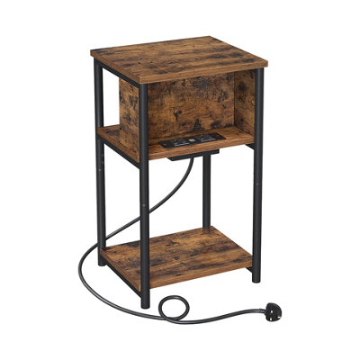 Alivio Slim Side Table with Charging Station, Bedside Table with 2 AC Outlets - Brown