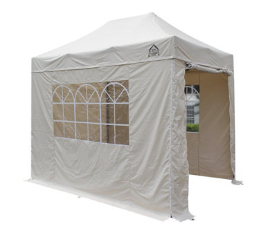 All Seasons Gazebos 2.5x2.5 Full Waterproof Pop Up Gazebo with 4 Heavyweight Side Panels and Accessories Beige