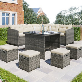 All Weather Wicker Rattan Sofa with Dining Table & Chair & 4 Ottoman, Grey wicker + Beige cushions 