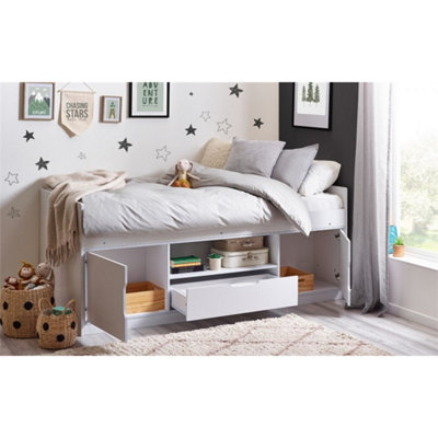 All White Low Sleeper Bed with Storage - Single (90cm)