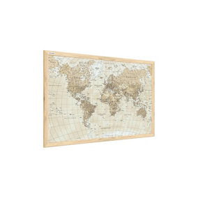 ALLboards Magnetic whiteboard with a print of a world map in beige pastel colours, 60x40cm, in a natural wooden frame