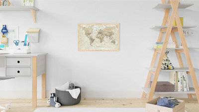 ALLboards Magnetic whiteboard with a print of a world map in beige pastel colours, 60x40cm, in a natural wooden frame