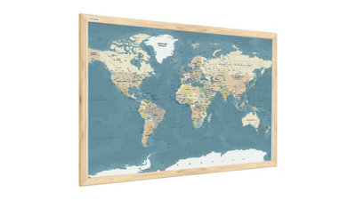 ALLboards Magnetic whiteboard with a print of a world map in pastel colours, 60x40cm, in a natural wooden frame