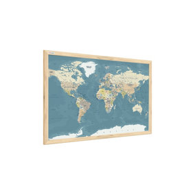 ALLboards Magnetic whiteboard with a print of a world map in pastel colours, 60x40cm, in a natural wooden frame