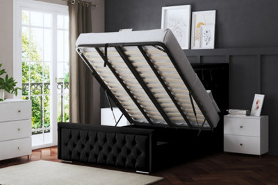 Allegra Upholstered Black Panel Bed with Headboard and Ottoman Base ...